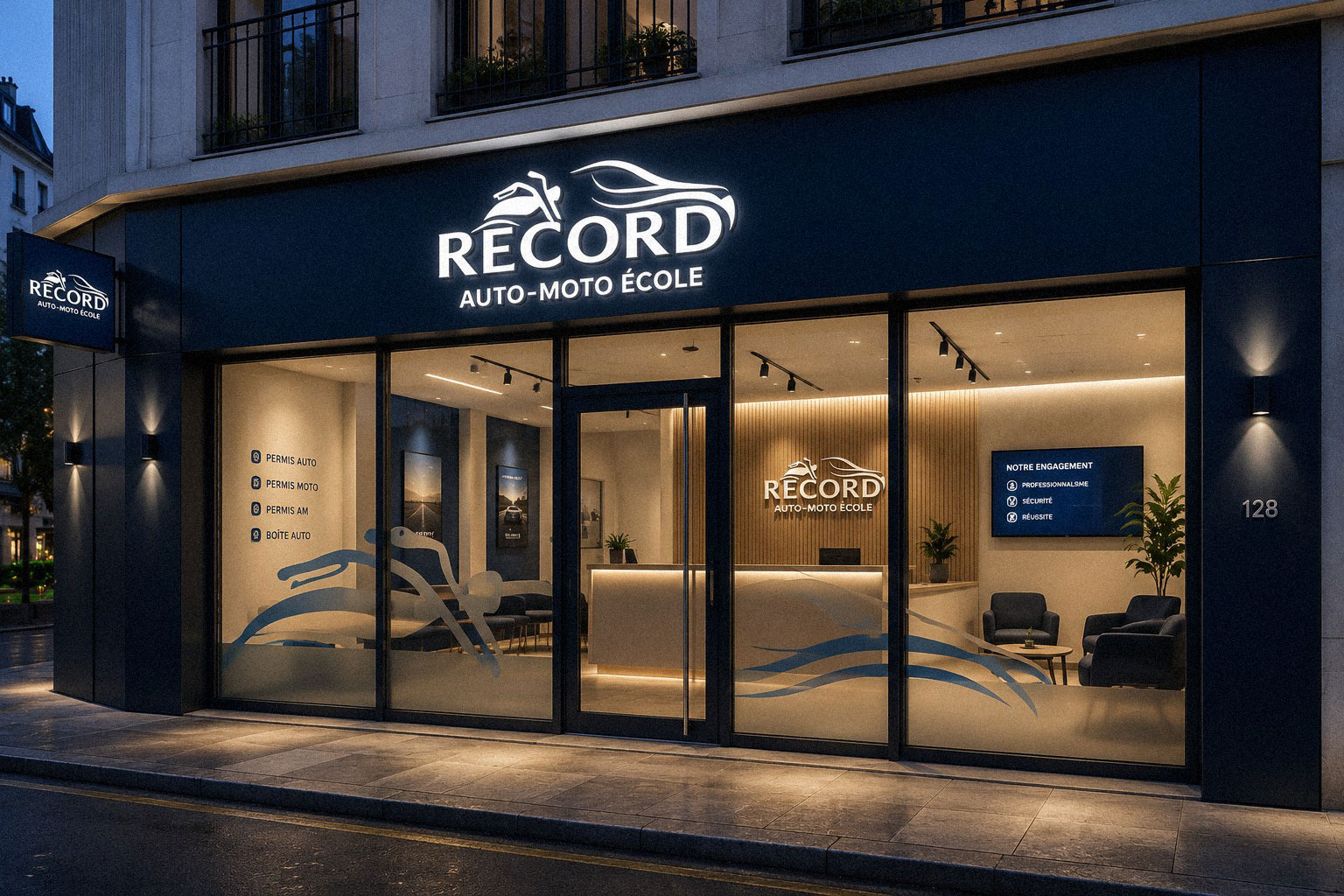 Vitrine de l'agence RECORD éclairée de nuit
